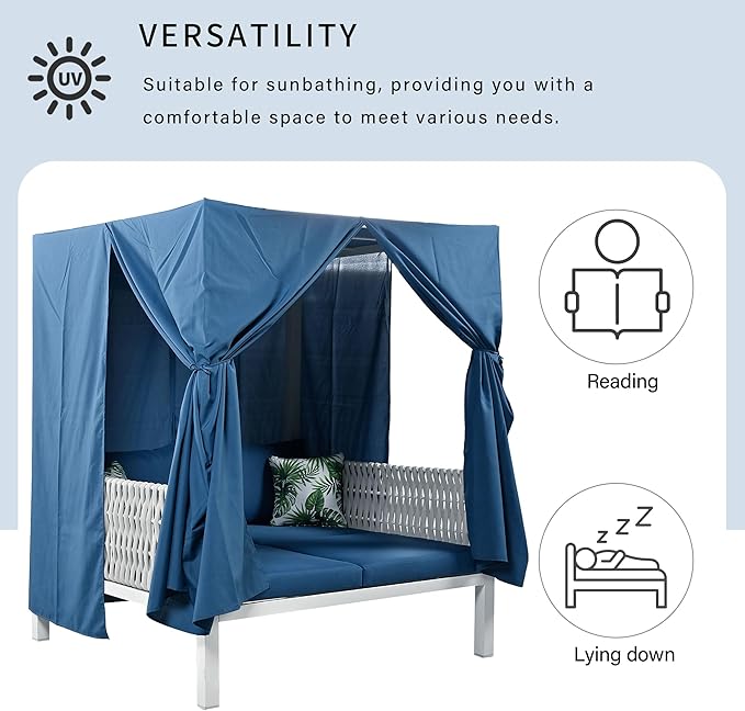 Merax Outdoor Patio Sunbed with Curtains and Soft Thick Cushions, Double Chaise Lounge Daybed with Rubber Core Rope Backrest and Comfy Pillows for Outside Pool, Garden, Backyard, Lawn, Blue