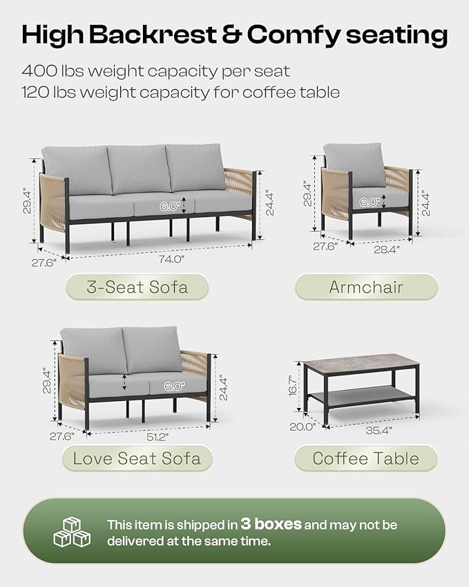 Aluminum Outdoor Patio Furniture Set with Dual-Layer Coffee Table, 4 Piece Modern Patio Conversation Sets with PE Rope, Outdoor Sectional Sofa with Thick Cushions for Balcony, Porch, Gray