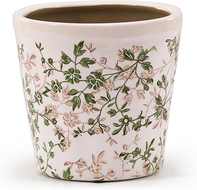 Ceramic Planter with Drainage Hole, Plastic Tray & Mesh, 6 Inch - Indoor/Outdoor Flower Pot for Orchids, Succulents, Green Floral Modern Farmhouse Décor for Home,Office and Garden, Ideal Gift