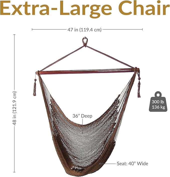 Sunnydaze Outdoor Hammock Chair Swing - Hanging Hammock Swing - Hanging Reading Chair - Soft-Spun Polyester Rope - Caribbean XL - Mocha