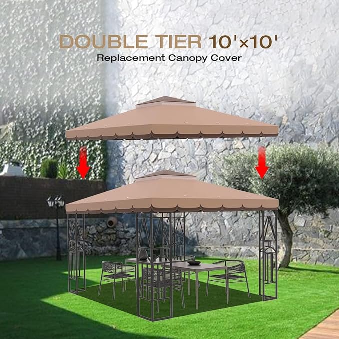 10x10 Canopy Replacement Top Double Tiered Gazebo Cover for Yard, Patio & Garden Durable Sunshade Replacement (Coffee Liqueur+Brown with lace)