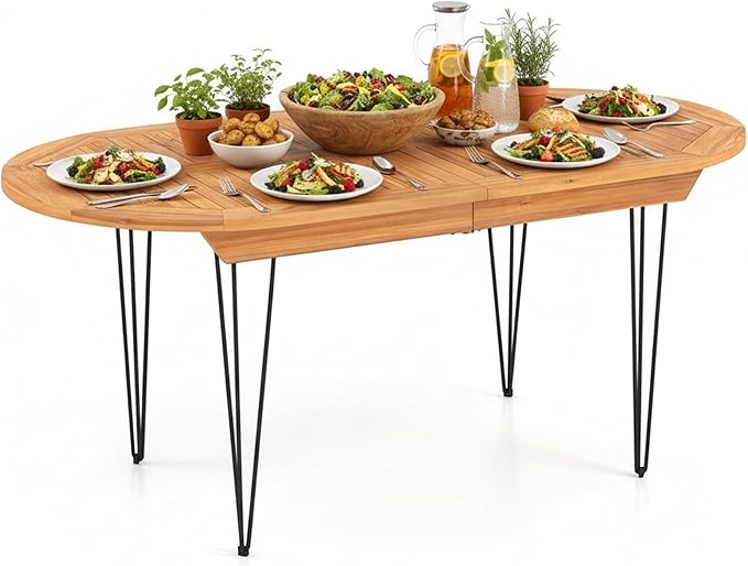 Tangkula 71" Outdoor Dining Table for 6, Oval Teak Wood 6 Person Patio Table with 2" Umbrella Hole, Metal Legs, Safety Locks and Wood Tabletop, Outside Table for Garden, Poolside & Backyard