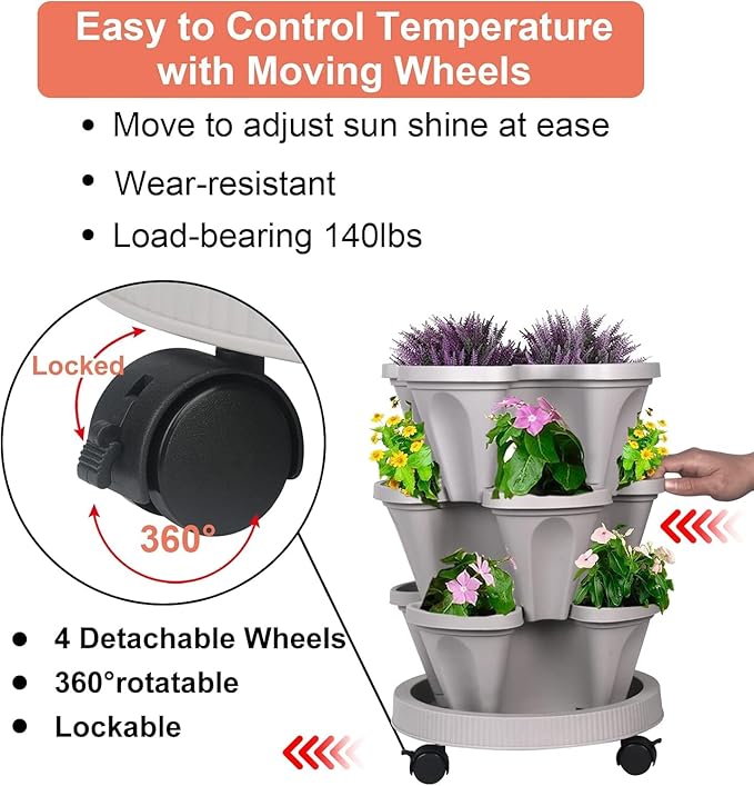 Vertical Planter 3 Tier Stackable Planters Garden Planters Strawberry Herb Flower and Vegetable Planter Indoor Outdoor Gardening Pots with Removable Wheels and Tools