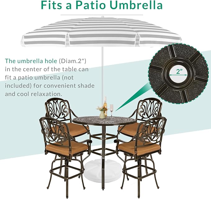 VIVIJASON 5-Piece Patio Swivel Bar Stools Set, All Weather Cast Aluminum Outdoor Bar Height Bistro Set with 4 Cushioned Bar Chairs & 38.5" High Bar Table w/Umbrella Hole for Backyard, Lawn, Garden