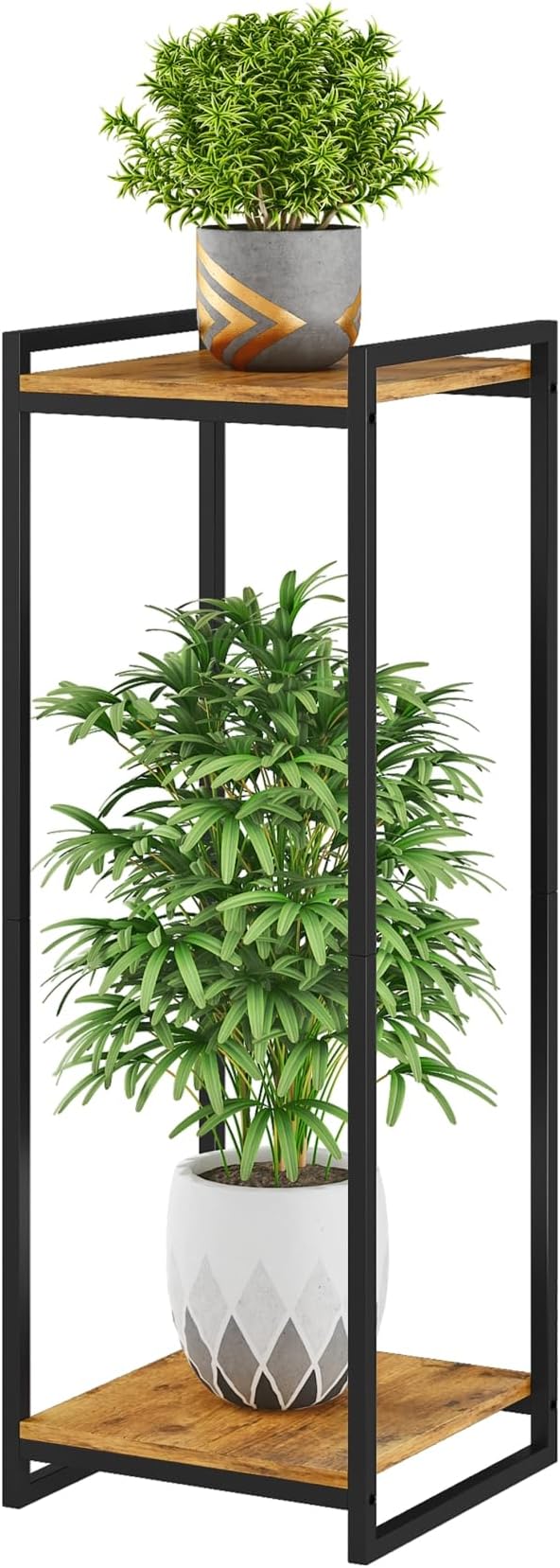2-Tier Plant Stand Indoor, 34" Tall Modern Plant Shelf Corner Flower Pot Holder Organizer for Living Room Balcony Garden, Rustic Brown
