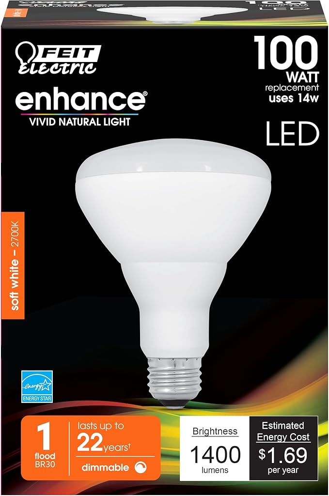 Feit Electric BR30 LED Light Bulb, 100W Equivalent, Dimmable, 1400 Lumens, E26 Standard Base, 2700K Soft White, 90CRI, Flood Light Bulb for Recessed Cans, 22-Year Lifetime, BR30DM/1400/927CA/4, 4 Pack