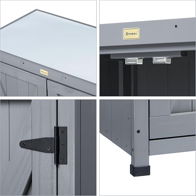 HABAU Outdoor Storage Cabinets Weatherproof for Patio, Garden Work Bench with Shelves & Metal Tabletop, Wooden Potting Table Workstation