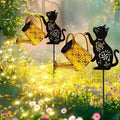 Solar Lights Outdoor Decorative, Watering Can with Cascading Lights, with Cat Silhouette Garden Stakes, Waterproof Metal Garden Decor for Yard Art, Outside, Patio, Lawn 2PACK