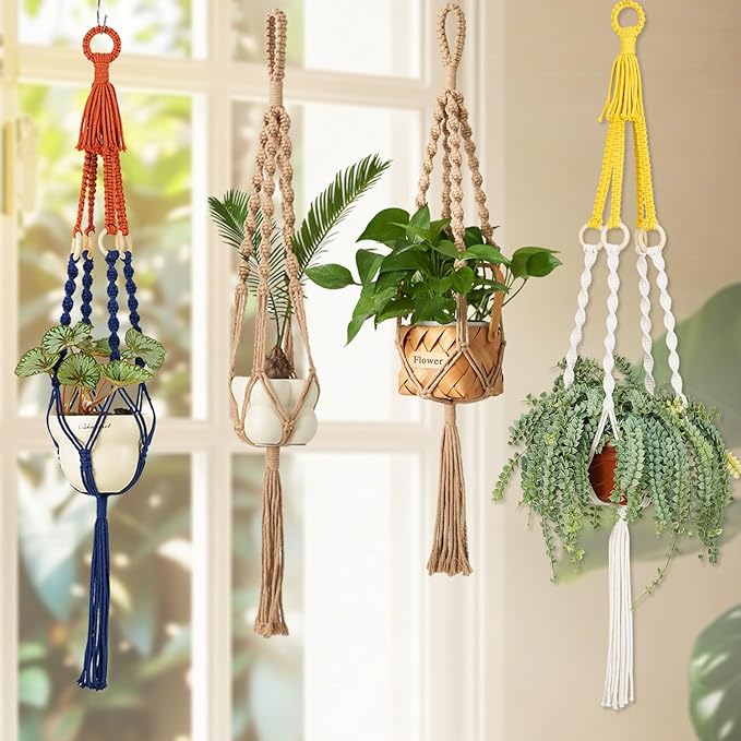 Large Macrame Plant Hangers Indoor & Outdoor (37.4”) Boho Two-Tone Colored Hanging Planters for Indoor Plants, Macrame Wall Hanging Decor for Flower Pots & Baskets (Pots Not Included)