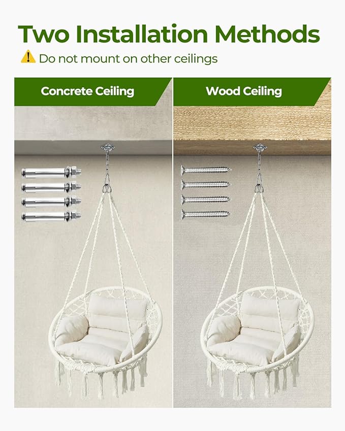 Greenstell Hammock Chair, Macrame Swing Chair with Comfy Cushion, Boho Hanging Chair for Outdoor & Indoor, Perfect for Bedroom, Patio, Balcony, Hold up to 330Lbs, White