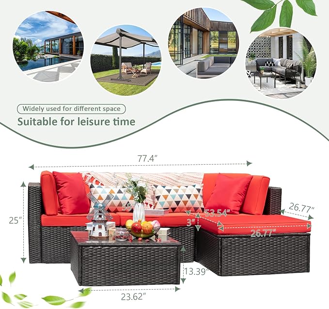 Devoko 5 Pieces Patio Furniture Sets All Weathevr Outdoor Sectional Patio Sofa Manual Weaving Wicker Rattan Patio Seating Sofas with Cushion and Glass Table (Red)