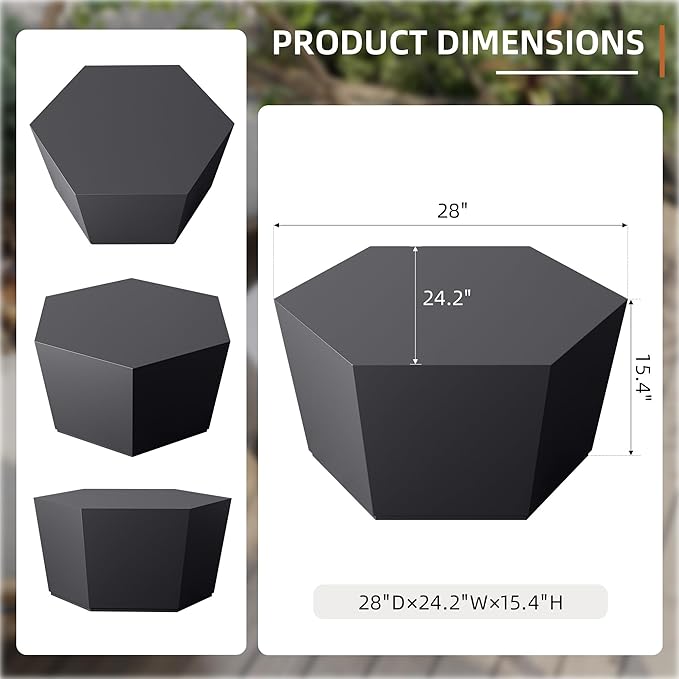 UPHA Outdoor Hexagon Coffee Table, Small Modern Minimalist Accent Tables, Low Light Concrete Center Table for Living Room, Outside Patio, Deck, 28×24.2×15.4, Dark Gray