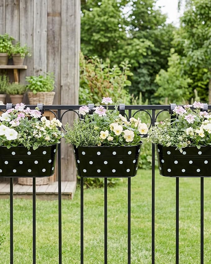 Metal Railing Planters for Outdoor Plants - 3 Pcs Balcony Hanging Flower Pots with Detachable Hooks & Drain Holes, Windowsill Oval Hanging Buckets Fence Planters for Garden Home Decor, Black with Dot