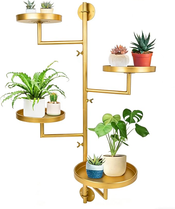 Rotating Window Plant Shelves with Adjustable Knobs, 4 Tiers Metal Wall Shelf for Plants Indoor, Sturdy Hanging Plant Holder, Window Wall Decor & Gardening Gifts (Golden)