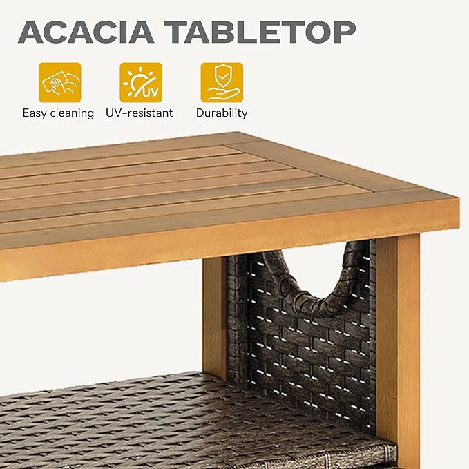 DWVO XL Patio Storage Cabinet, Wicker Outdoor Bar Table with Wood Top,Adjustable Shelves, Patio Sideboard for Outdoor Buffet,Yard, Garden, Kitchen (Brown)