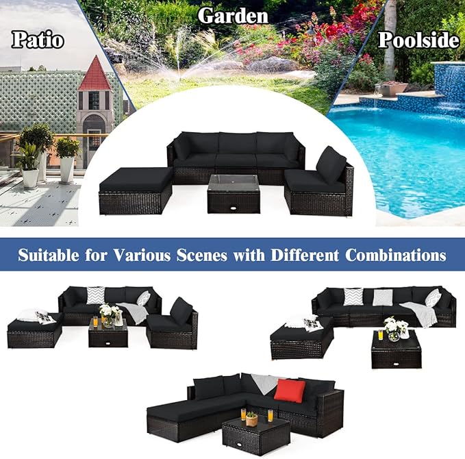 Tangkula 6 Piece Patio Furniture Set, Outdoor Deck Lawn Backyard Durable Steel Frame PE Rattan Wicker Sectional Sofa Set, Conversation Set with Coffee Table (Black)