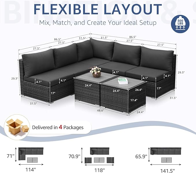 NICESOUL 7 Piece Modern Outdoor Conversation Sets, 29.3'' High Back Comfy Wicker Patio Modular Sectional with Side Tables, Extra Large and Deep Size L-Shaped Couch Furniture for Backyard Porch, Grey
