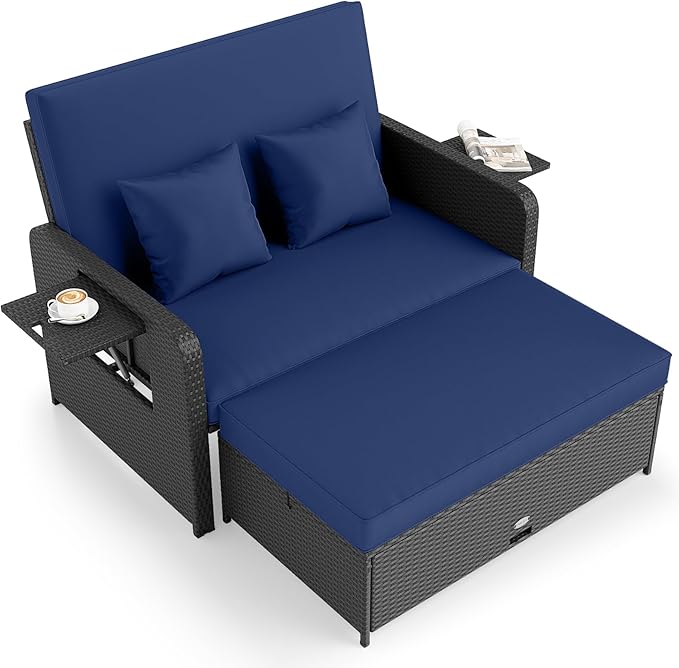Tangkula Patio Rattan Daybed with 4-Level Adjustable Backrest, Outdoor PE Wicker Loveseat with Storage Ottoman & Folding Side Tray, Double Sunbed Lounger for Balcony, Backyard & Poolside (Navy)
