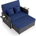 Tangkula Patio Rattan Daybed with 4-Level Adjustable Backrest, Outdoor PE Wicker Loveseat with Storage Ottoman & Folding Side Tray, Double Sunbed Lounger for Balcony, Backyard & Poolside (Navy)