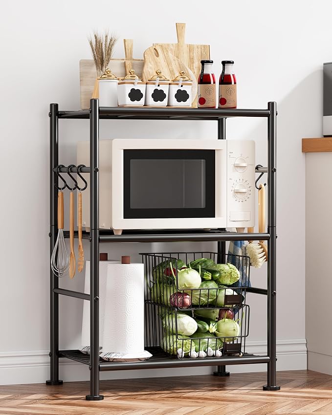Storage Shelves - 3-Tier Large Capacity Shelf Organizer with Hooks, Heavy-Duty Garage Shelving with Leveling Feet, Wobble-Free Rack for Bedroom, Balcony, Garage, 18.1"×12.4"×29.4", Black