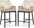 VINGLI Outdoor Counter Height Bar Stools Set of 2, Rattan Outdoor Barstools Boho Woven Patio Bar Stools with Backrest, Aluminum Frame Patio Garden Balcony Pool Bar Chairs (2 PCS)