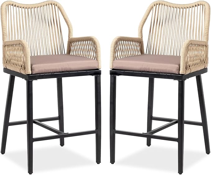 VINGLI Outdoor Counter Height Bar Stools Set of 2, Rattan Outdoor Barstools Boho Woven Patio Bar Stools with Backrest, Aluminum Frame Patio Garden Balcony Pool Bar Chairs (2 PCS)