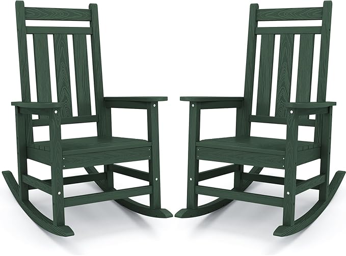 KINGYES Oversized Outdoor Rocking Chair Set of 2, All-Weather Patio Rocking Chairs for Porch, HDPE Outdoor Patio Rockers with High Back & Wide Seat for Garden, Lawn, Green