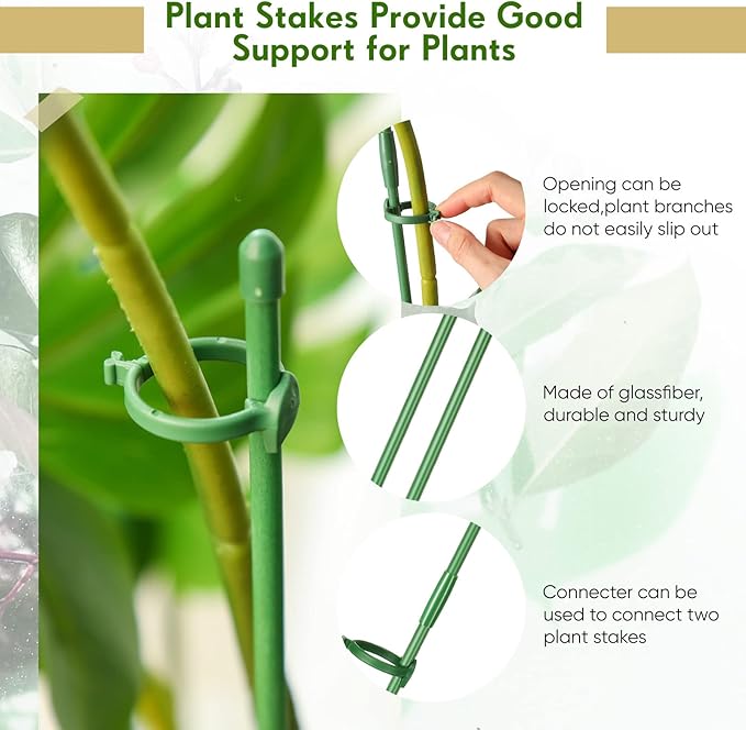 meekoo 30 Pcs Adjustable Garden Plant Support Stakes Single Stem Plant Cage Support Rings with Clips and Connect Pipe for Orchid Rose Tomato, 12 Inch (Green)