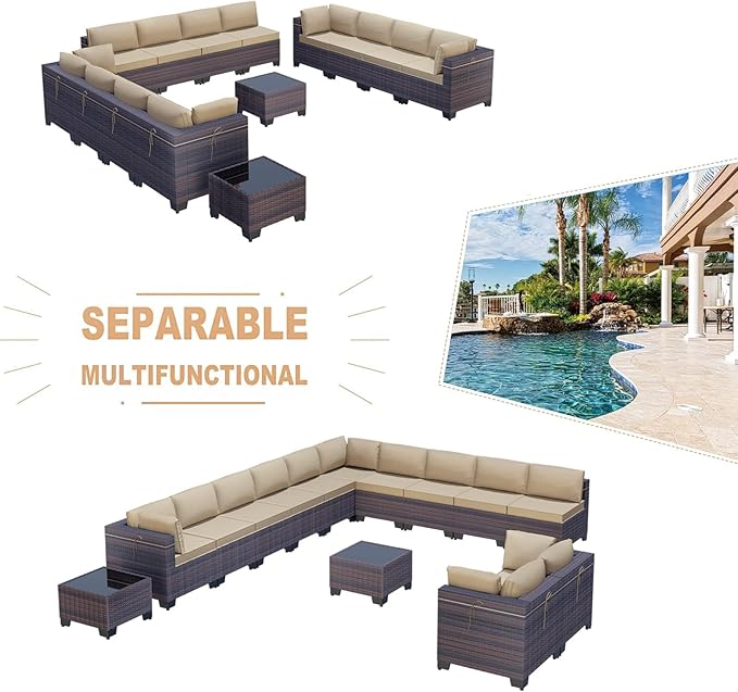 Kullavik 14 Pieces Outdoor Patio Furniture Set PE Wicker Rattan Sectional Sofa Patio Conversation Sets,Sand