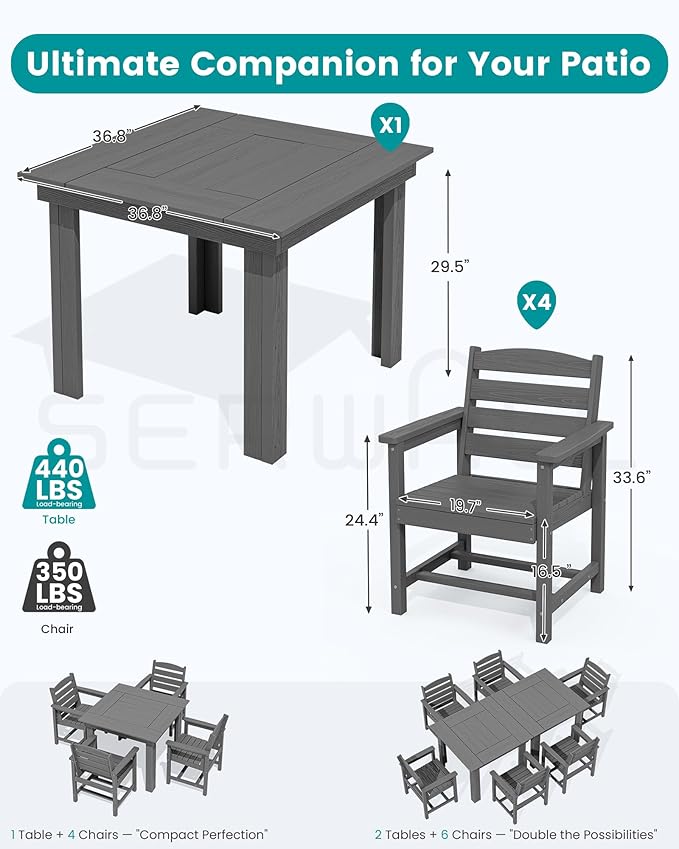 SERWALL Outdoor Dining Set for 4, HDPE Square Table and Chairs Set All Weather Patio Dining Set with 4 Classic Dining Chairs, 5-Piece Patio Dining Furniture for Deck, Gray