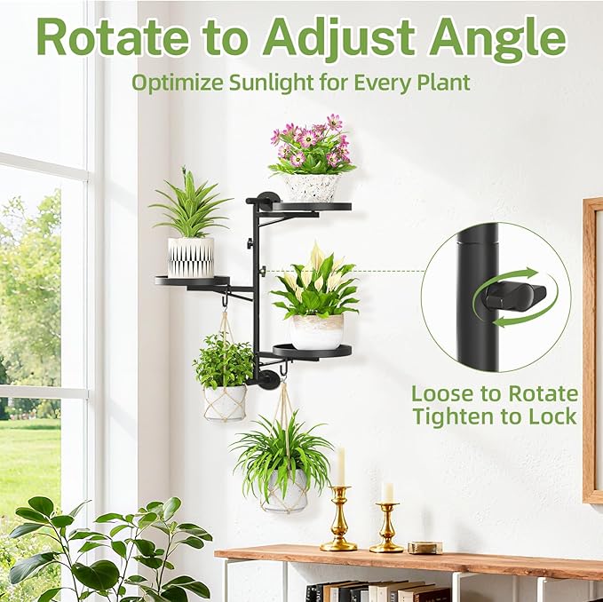 iDavosic.ly Rotating Window Plant Shelves, 3-Tier Metal Wall Stand with 2 Hooks, Flower Display Holder Rack for Living Room, Space Saving, Modern Black (Pots/Chains/Plants Not Included)