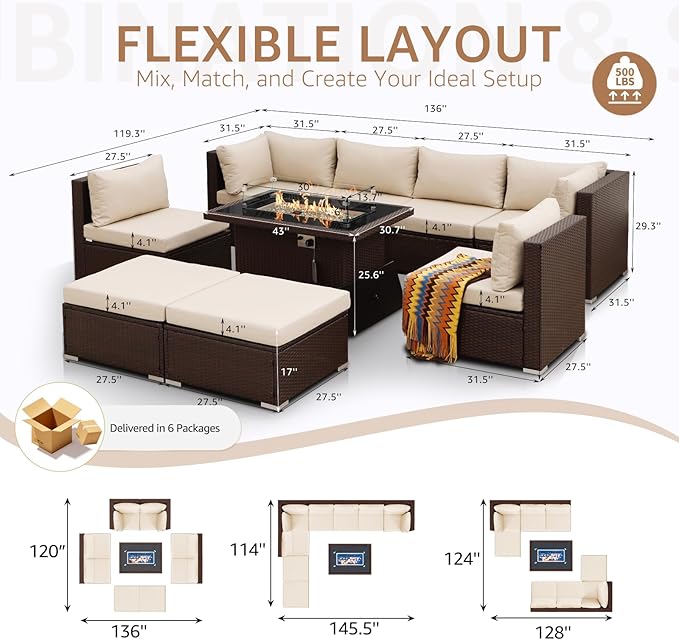 NICESOUL 29.3'' High Back Outdoor Patio Sectional Furniture with Firepit Table Natural Gas & Propane Convertible, 8 Seater Deep Wide Modern Couch, Extra Large Wicker Conversations for Backyard, Brown