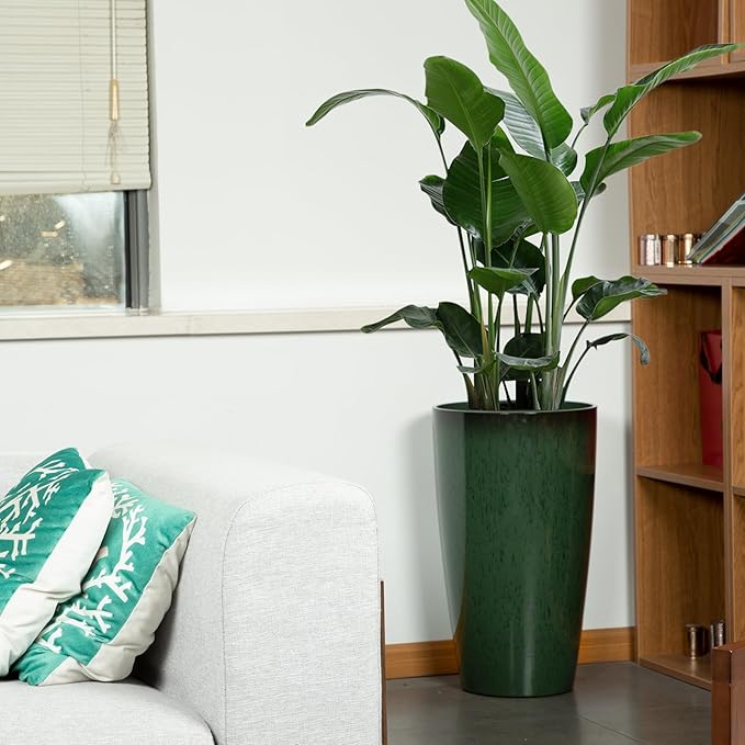 24/21/12 Inch Large Plastic Planter, Lightweight Ceramic-Look Tall Planters with Drain Hole & Saucers, Tall Plastic Planters for Porch, Garden, Patio, Balcony(Dark Green)