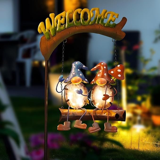 HONGLAND Gnomes Garden Decor Solar Lights, 48 Inch Welcome Sign Swing Yard Decorations Outdoor Decorative Stake for Lawn Porch Backyard Patio, Gnome Gardening Gifts for Women Mom