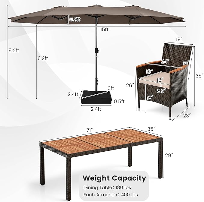 Tangkula 11 Pieces Rattan Outdoor Dining Set with 15Ft Solar Patio Umbrella for 8, Outdoor Wicker Table Set with 8 Cushioned Chairs, Acacia Wood Top, Outdoor Umbrella with Base Included