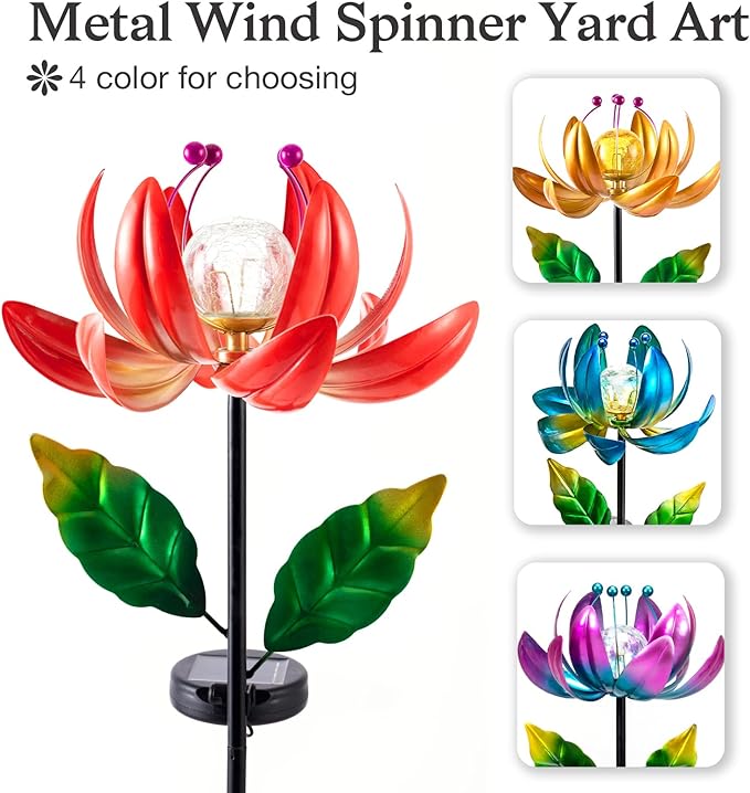 Solar Lights Outdoor Wind Spinners, Metal Lotus Flower Garden Decor with Waterproof LED Crackle Glass Globe for Patio Lawn Yard Outdoor Decor