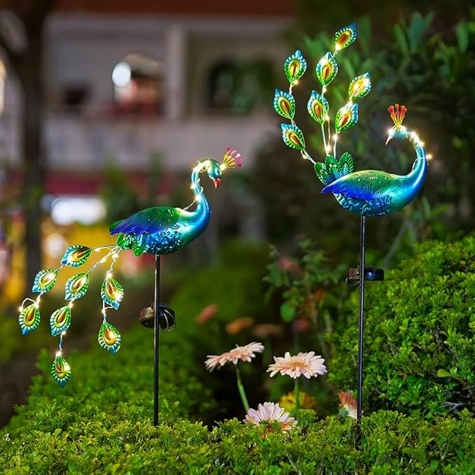 DREAMSOUL Peacock Solar Lights Outdoor 2 Pack, Waterproof Outdoor Solar Lights for Yard Pathway Peacock Garden Decor
