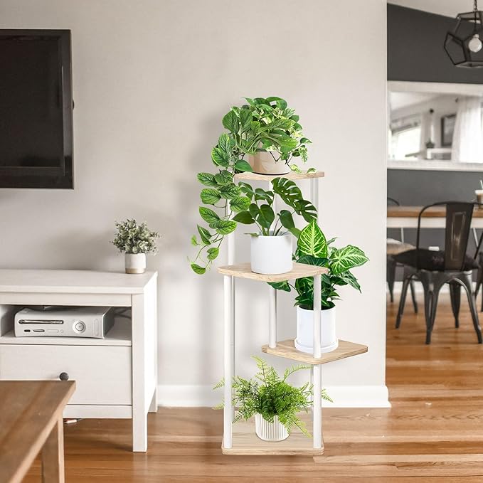4 Tier Plant Stand Indoor, Thickened Metal Wood Corner Plant Shelf Stands for Multiple Plants, Indoor Tall Plants Stand Tiered Flower Holder for Living Room Patio Garden Balcony(White+Oak)