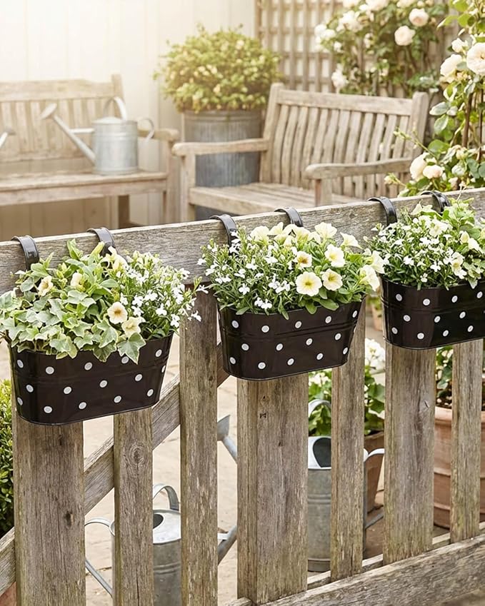 Metal Railing Planters for Outdoor Plants - 3 Pcs Balcony Hanging Flower Pots with Detachable Hooks & Drain Holes, Windowsill Oval Hanging Buckets Fence Planters for Garden Home Decor, Black with Dot
