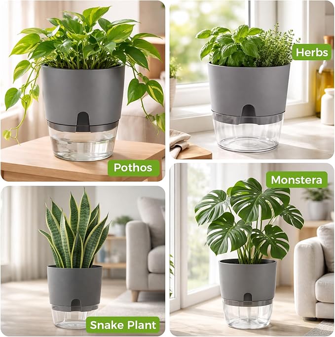 Planterhoma 5 Pack Self Watering Pots for Indoor Plants, 9 Inch Plant Pot Plastic Self Watering Planter for Orchid, Monstera, Lily, Large Clear Flower Pots with Drainage Holes and Wicking Rope, Gray