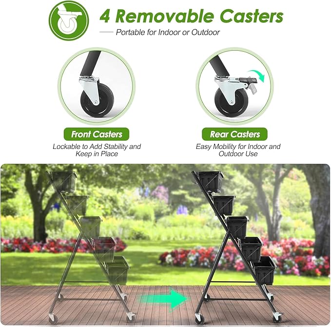 Homdox 2 Pack Vertical Garden Bed, 5 Tiers Raised Garden Planter, 25.6 * 26 * 48 Inch with Drainage System & 4 Hooks, Vegetable Flower Stand for Garden Patio Yard (Black with 4 Wheels)