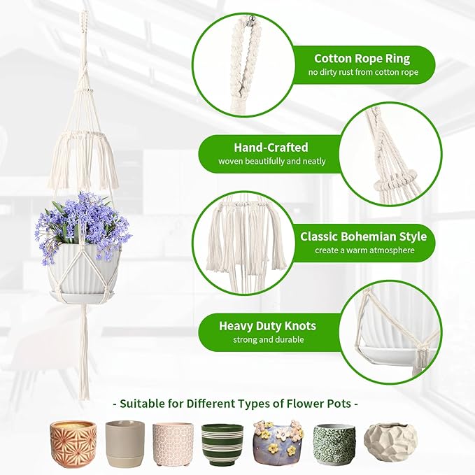 Macrame Plant Hangers, 5Pack Hanging Planters for Indoor Plants w/ 5 Set Hooks Handmade Cotton Rope Hanging Plant Holders Plant Hanger Indoor for Boho Home Decor (Planter Pot Not Included)