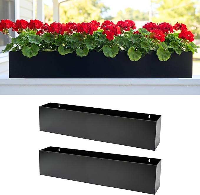 LaLaGreen Wall Planters (36 Inch, 2 Pack) Carbon Steel Black Metal Hanging Flower Pot for Succulents, Wall Mount Rectangular Long Window Sill Box Balcony Fence Floating Garden Shelf for Outdoor Decor