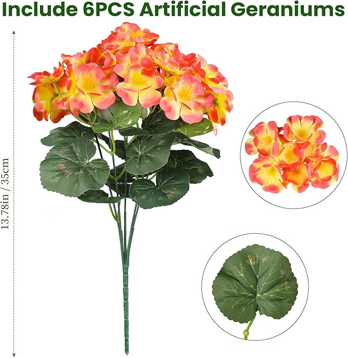 Artificial Fall Flowers for Outdoors, 6 Bundles Realistic Silk Fake Geraniums, No Fade Autumn Faux Plants for Hanging Baskets, Window Boxes, Planters - Porch, Patio, Garden Decor(Sunset)