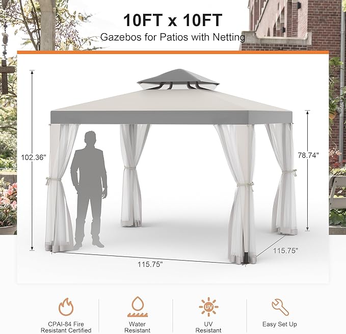 Patio Gazebo Tent Outdoor Canopy Shelter 10'x10' with Removable Netting,100 Square Feet of Shade for Garden, Backyard Deck and Lawns (Gray)