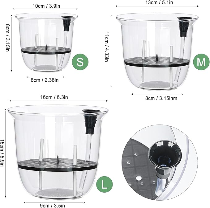 Self Watering Pots, 3 Pack 6.5/5/4 Inch Clear Plant Pot Self Watering Planter Flowers Pot with Deep Reservoir for Indoor Plants (3 Medium)