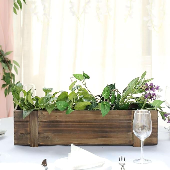 Efavormart 24"x6" Smoked Brown Rectangle Wood Planter Box with Plastic Liner, DIY Rustic Wooden Window Box for Wedding Table Centerpieces and Farmhouse Party Decor