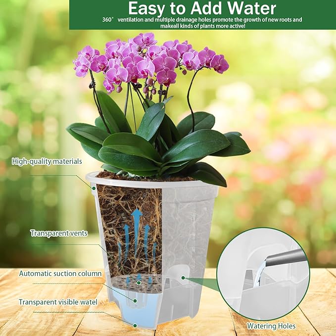 Cdd's Path 5-Pack 6 Inch Self Watering Naked Root Planter Pots with Drainage Holes & Reservoir, Plastic Planters with Air Pipes for Indoor Outdoor Plants，Clear
