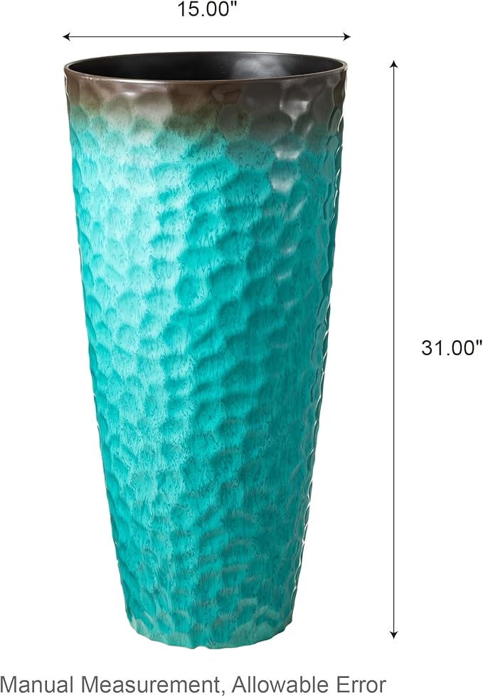 Glitzhome 31" H Oversized Tall Planter, Set of 2 Honeycomb Textured Gradient Turquoise Plastic Tall Outdoor Planters with Drainage Holes, Round Large Flower Pots for Indoor Outdoor Front Door Patio