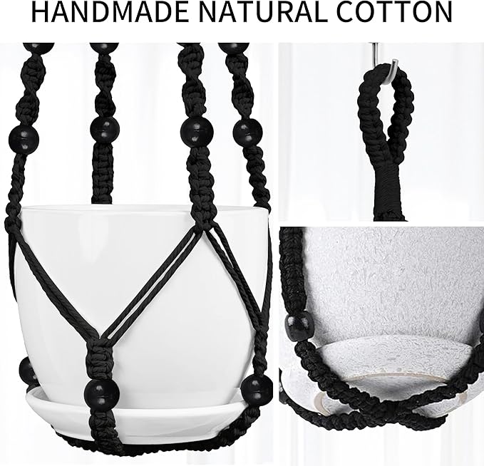 Macrame Plant Hanger - Fits 4 to 15 inches Pots for Indoor Outdoor, 43"/35"/29" Different Sizes Set, Black (POTS NOT Included)